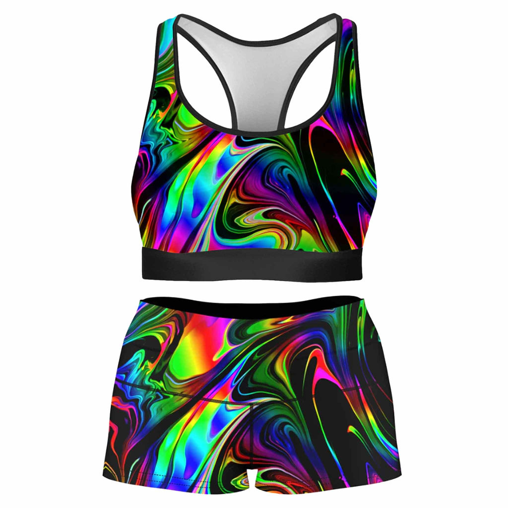 That Glow Flow Rave Bra and High Waist Booty Shorts Combo, Psychedelic Pourhouse, | iEDM