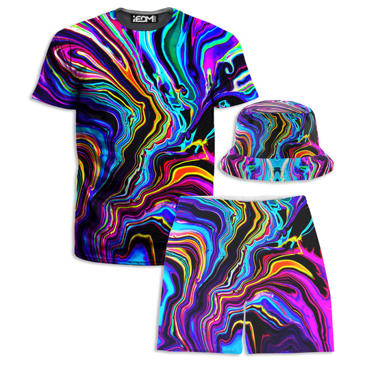 Neon Rift T-Shirt and Shorts with Bucket Hat Combo, Psychedelic Pourhouse, | iEDM