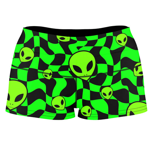 Green Aliens High-Waisted Women's Shorts, Sartoris Art, | iEDM