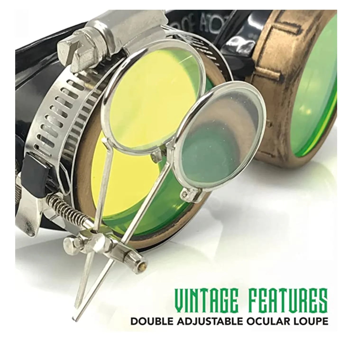 Steampunk Goggles With Magnifying Loupes UV Glow Neon Green Prism Diffraction Lenses - iEDM