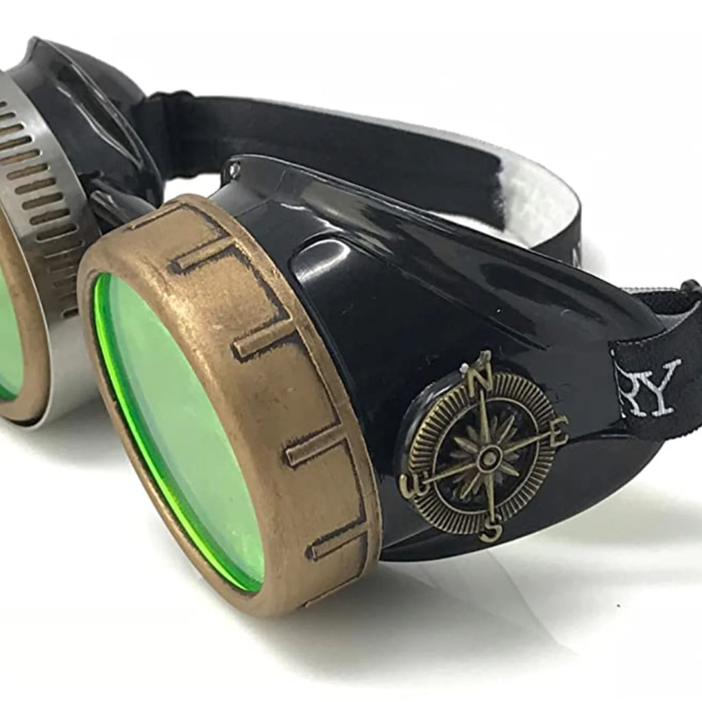 Steampunk Goggles With Magnifying Loupes UV Glow Neon Green Spiral Diffraction Lenses - iEDM