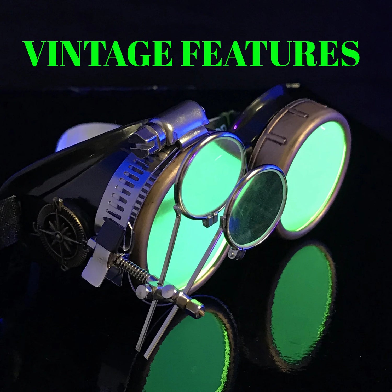 Steampunk Goggles With Magnifying Loupes UV Glow Neon Green Lenses