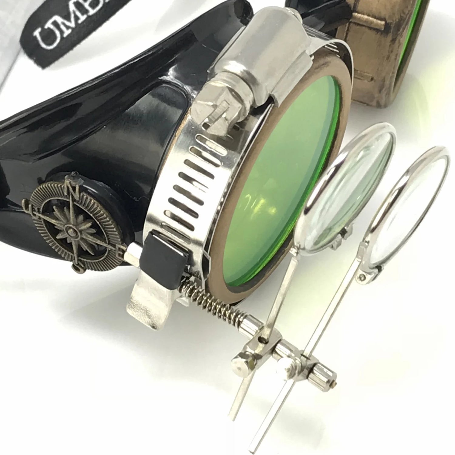 Steampunk Goggles With Magnifying Loupes UV Glow Neon Green Lenses - iEDM