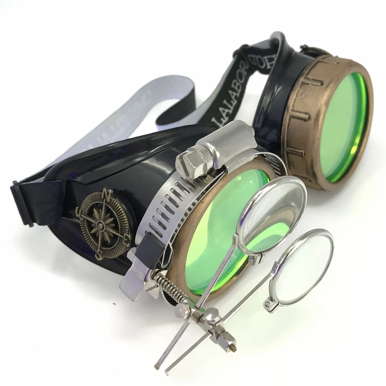 Steampunk Goggles With Magnifying Loupes UV Glow Neon Green Lenses - iEDM