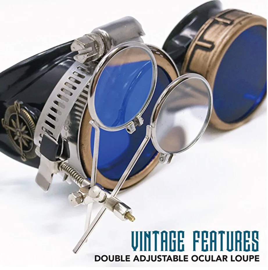 Victorian Steampunk Goggles With Magnifying Eye Loupes Blue Lenses - iEDM