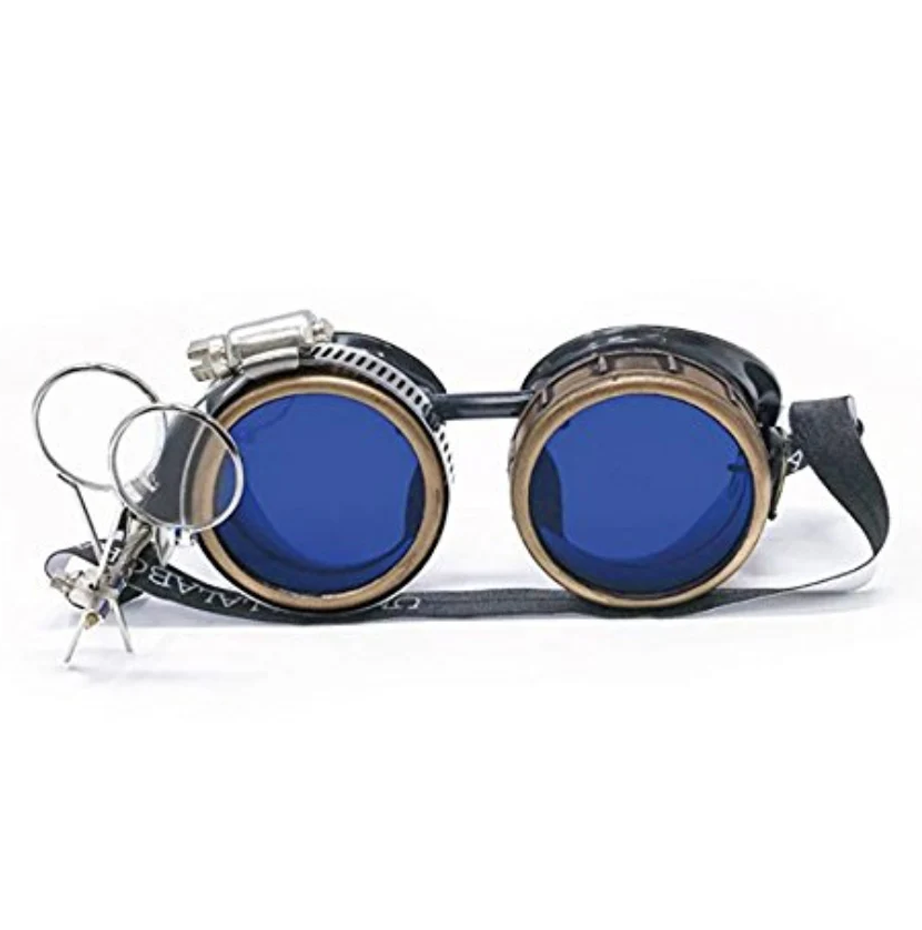 Victorian Steampunk Goggles With Magnifying Eye Loupes Blue Lenses - iEDM