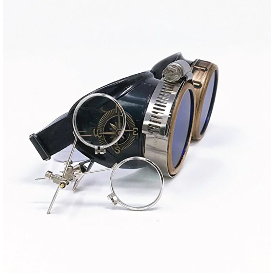 Victorian Steampunk Goggles With Magnifying Eye Loupes Blue Lenses - iEDM