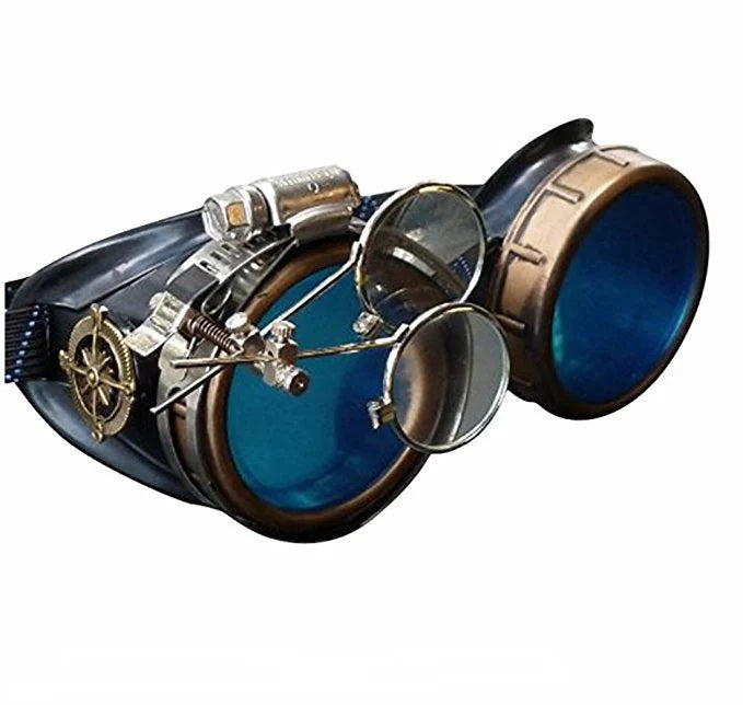Victorian Steampunk Goggles With Magnifying Eye Loupes Blue Lenses - iEDM