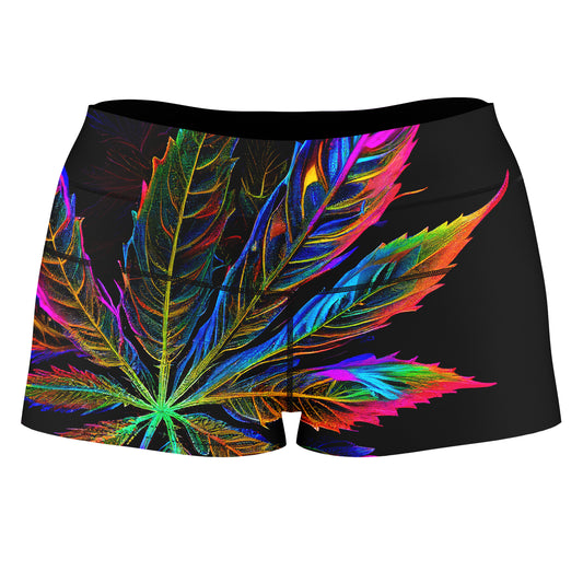 Blacklight Weed High-Waisted Women's Shorts, iEDM, | iEDM