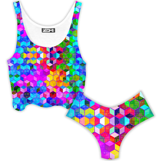 Cubism Crop Top and Booty Shorts Combo, Art Design Works, | iEDM
