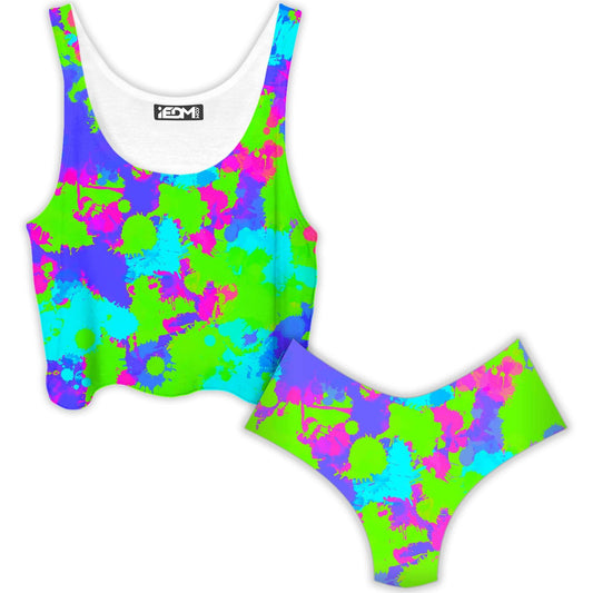 90s Neon Paint Splatter Crop Top and Booty Shorts Combo, Big Tex Funkadelic, | iEDM