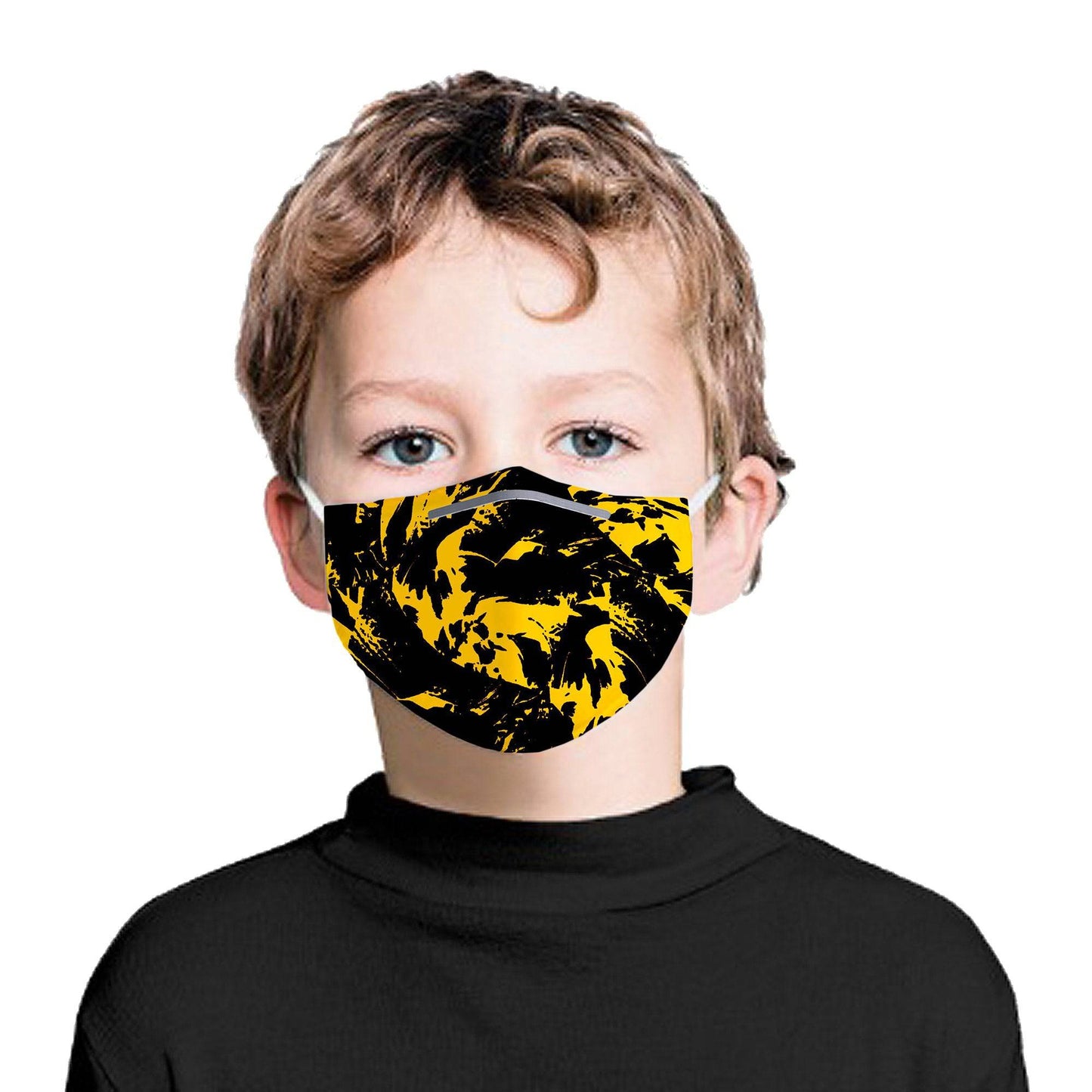 Black and Yellow Paint Splatter Kids Face Mask With (4) PM 2.5 Carbon Inserts, Big Tex Funkadelic, | iEDM