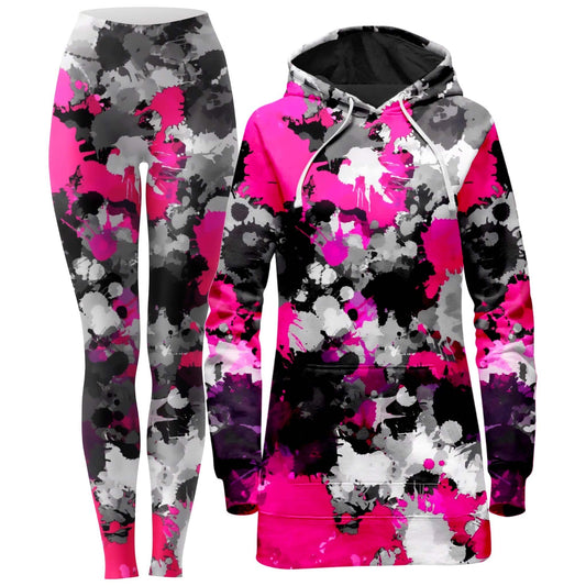 Pink and Grey Paint Splatter Hoodie Dress and Leggings Combo, Big Tex Funkadelic, | iEDM