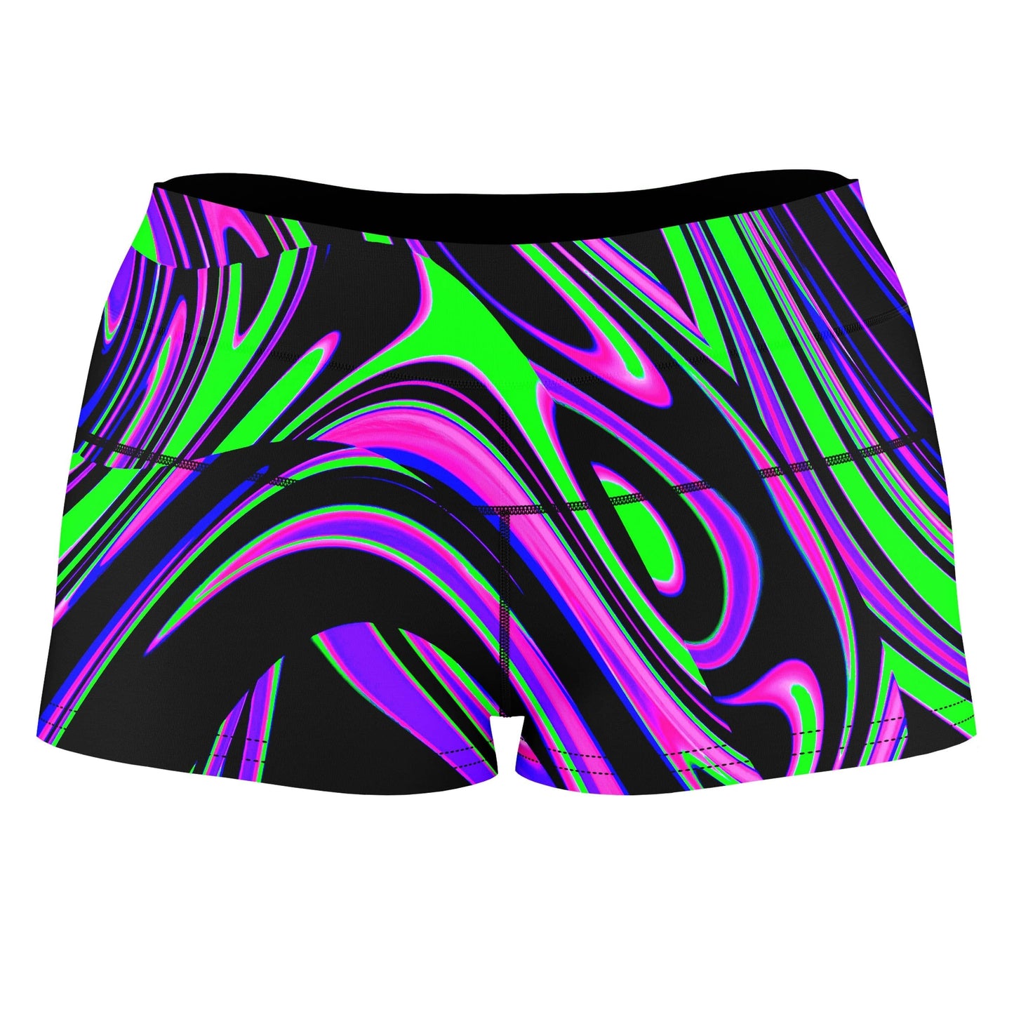 Violet and Lime Blackout Drip High-Waisted Women's Shorts, Big Tex Funkadelic, | iEDM