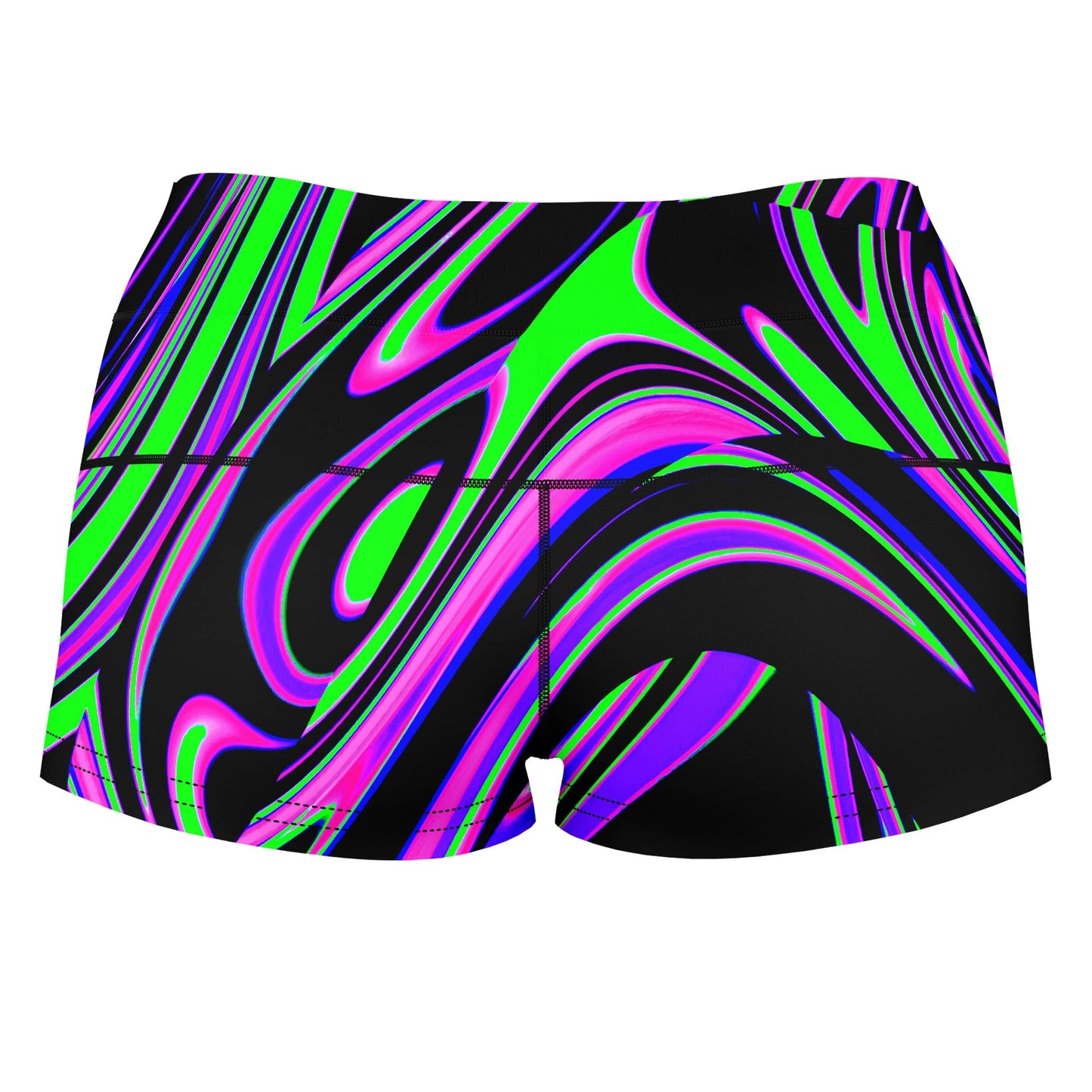 Violet and Lime Blackout Drip High-Waisted Women's Shorts, Big Tex Funkadelic, | iEDM
