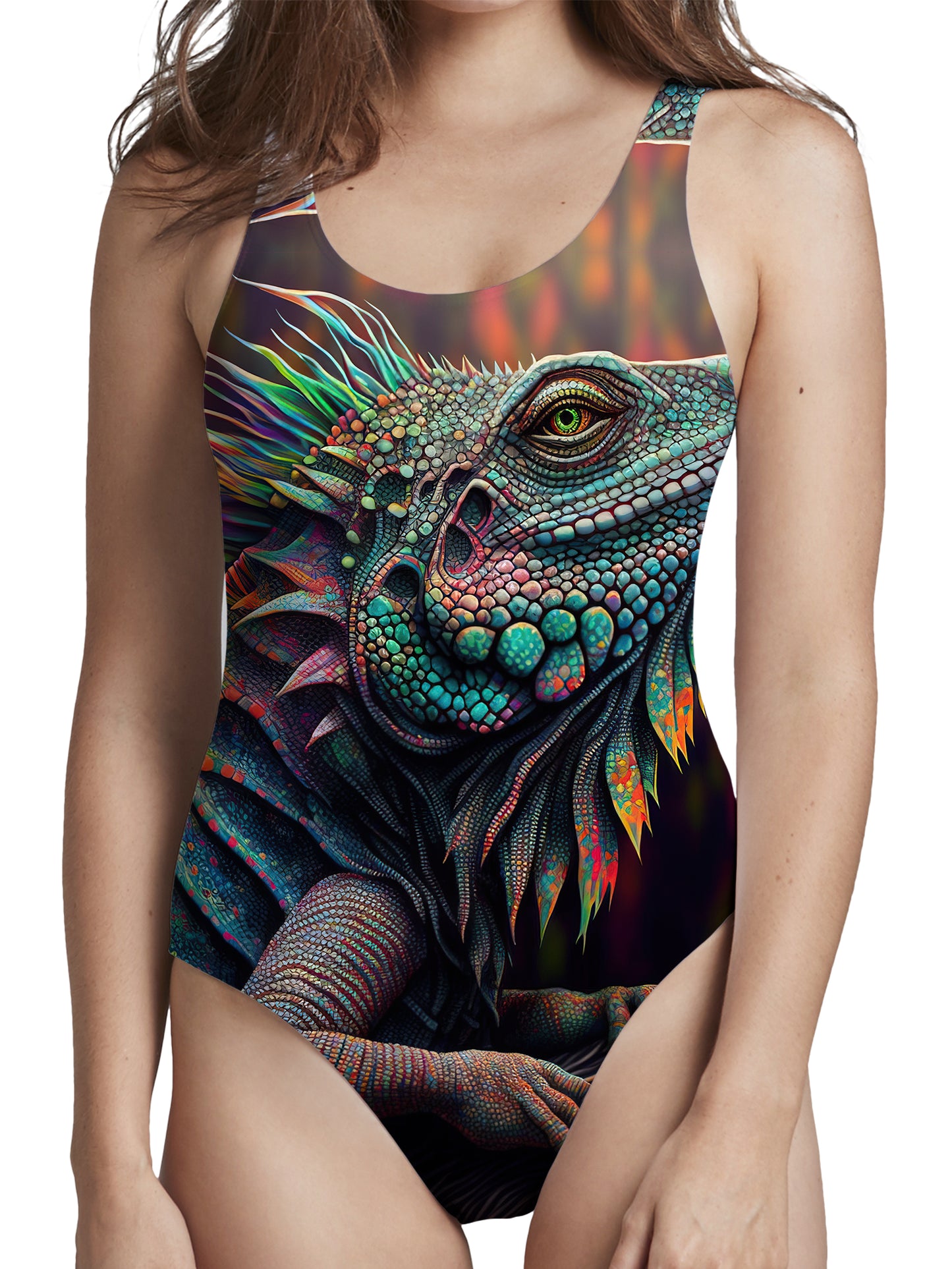 Psychedelic Giant Iguana 02 Low Cut One-Piece Swimsuit, iEDM, | iEDM