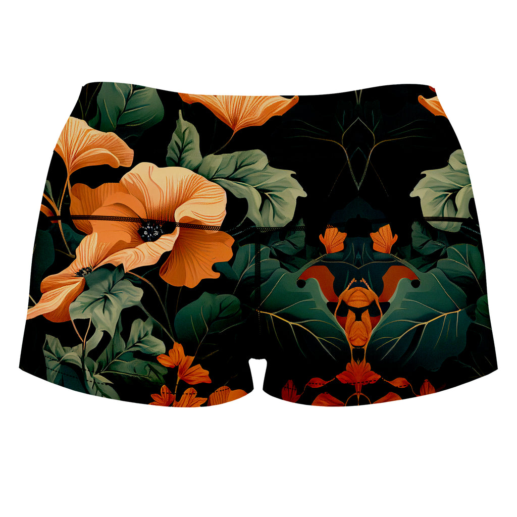 Tangerine Floral High-Waisted Women's Shorts, iEDM, | iEDM