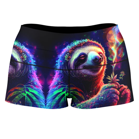 Sloth Smoking Weed Psychedelic High-Waisted Women's Shorts, iEDM, | iEDM