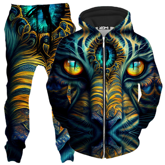 Tiger Eyes Psychedelic Zip-Up Hoodie and Joggers Combo, iEDM, | iEDM