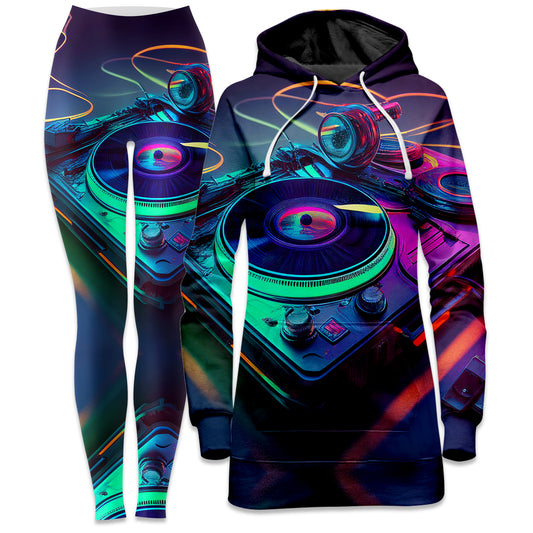 Neon Turntables Hoodie Dress and Leggings Combo, iEDM, | iEDM