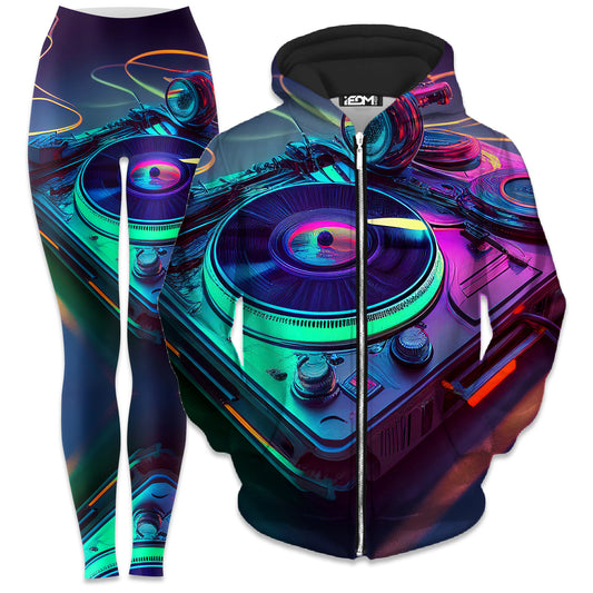 Neon Turntables Zip-Up Hoodie and Leggings Combo, iEDM, | iEDM