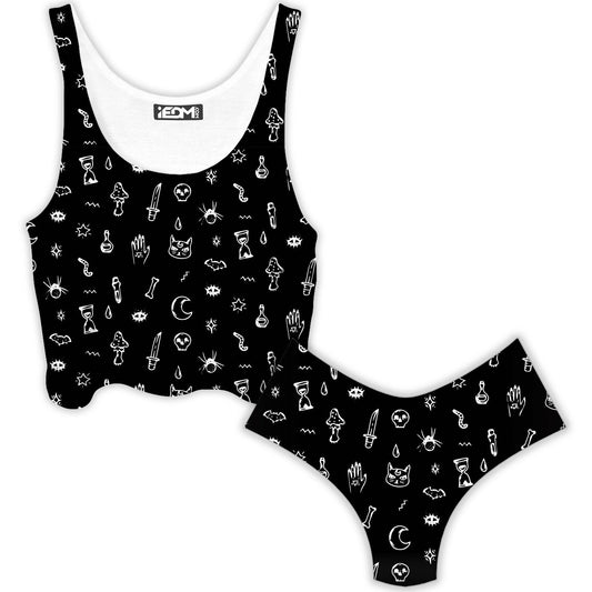 Black Pattern Crop Top and Booty Shorts Combo, iEDM, | iEDM
