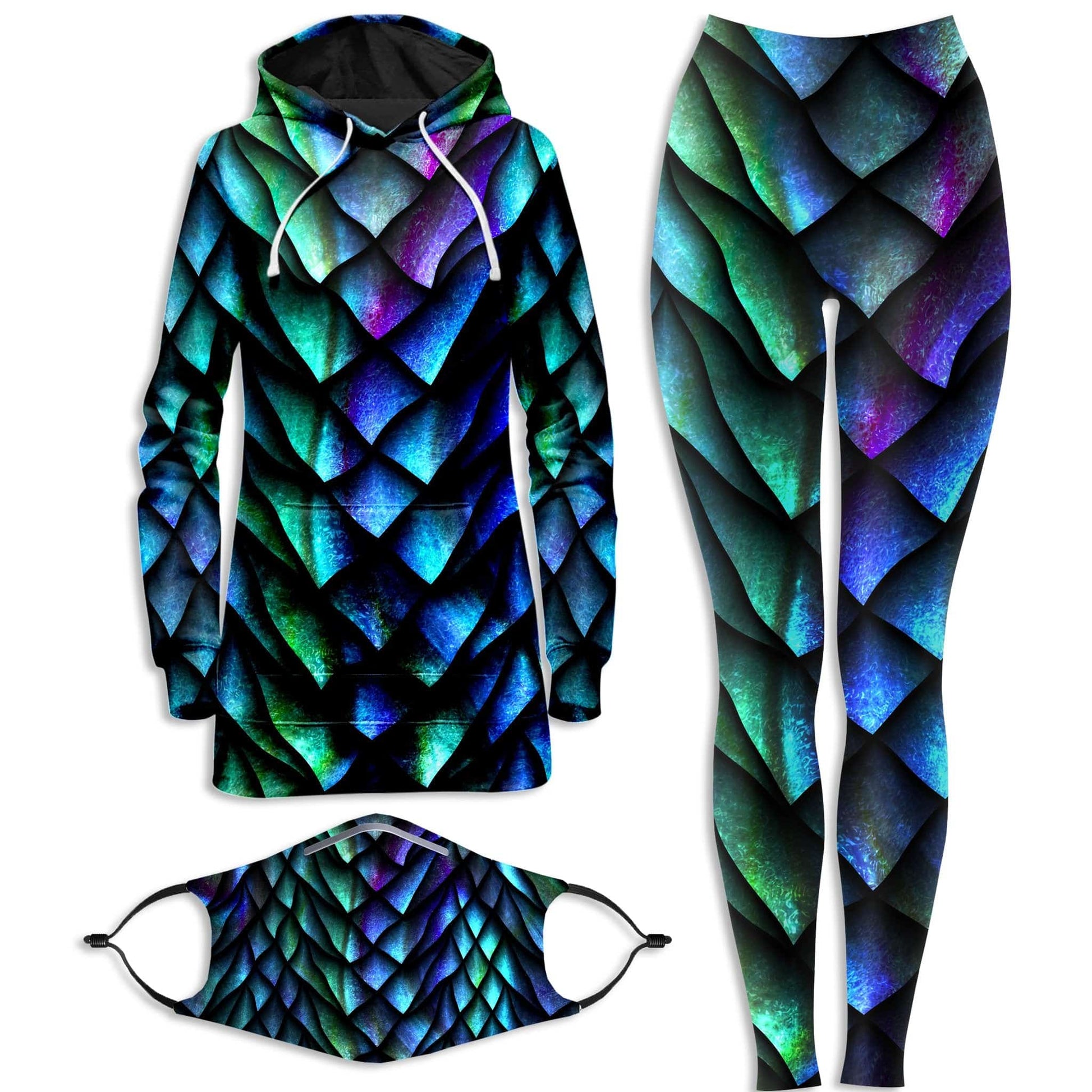 Dosed Dragon Scale Hoodie Dress and Leggings with PM 2.5 Face Mask Combo, iEDM, | iEDM