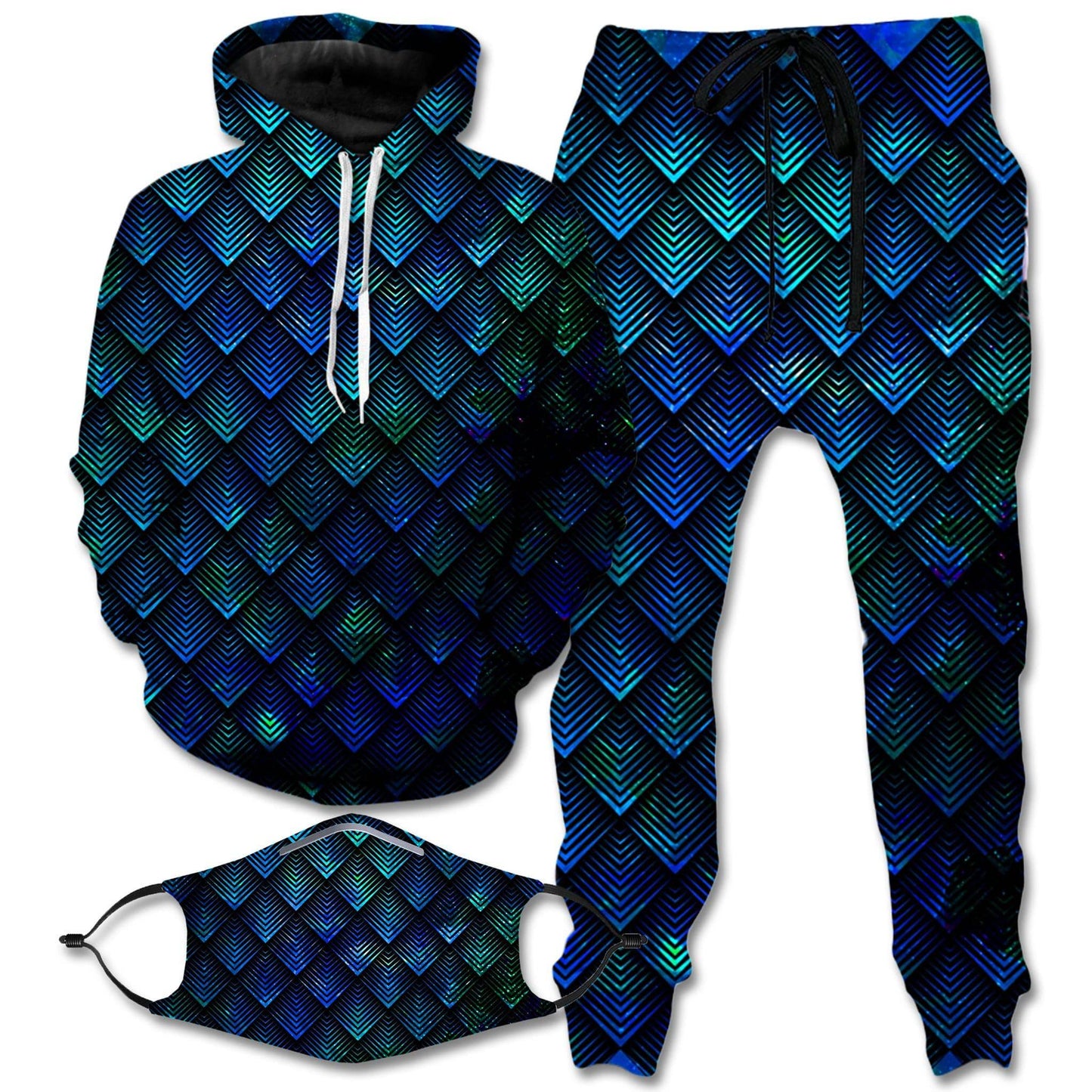 Galactic Dragon Scale Teal Hoodie and Joggers with PM 2.5 Face Mask Combo, Noctum X Truth, | iEDM