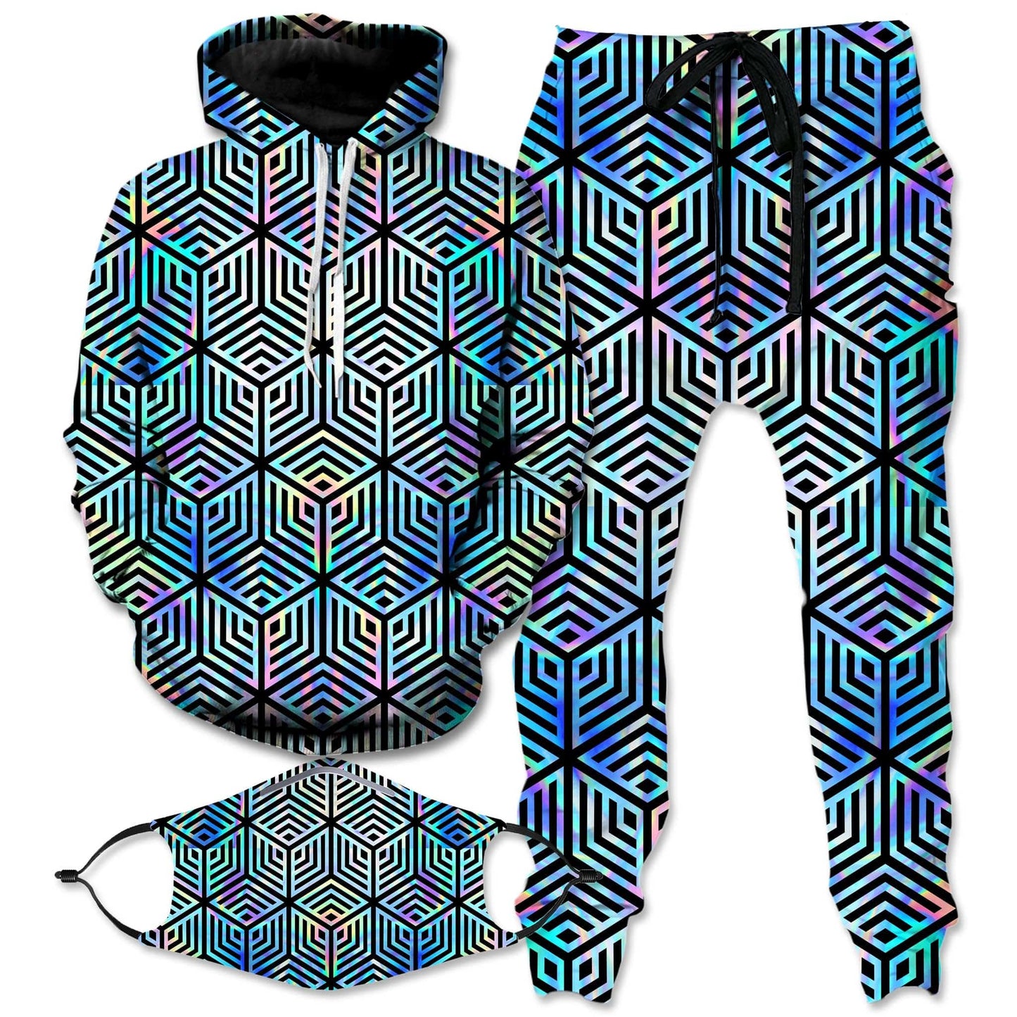 Holographic Hexagon Hoodie and Joggers with PM 2.5 Face Mask Combo, Noctum X Truth, | iEDM