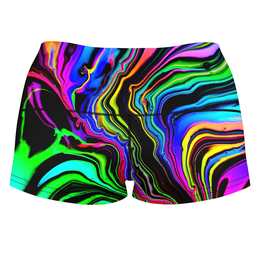 Rainbow Rift High-Waisted Women's Shorts, Psychedelic Pourhouse, | iEDM