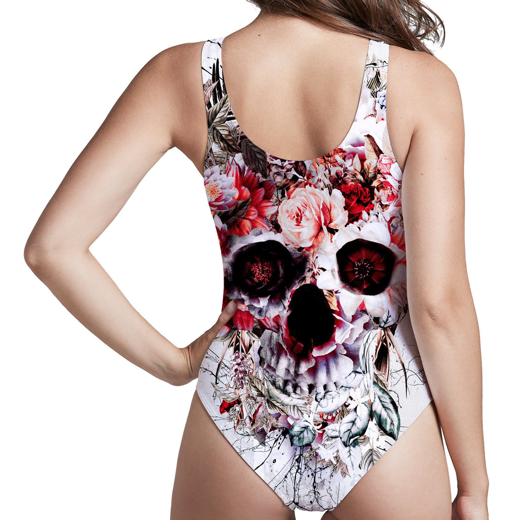 Floral Skull Low Cut One-Piece Swimsuit, Riza Peker, | iEDM