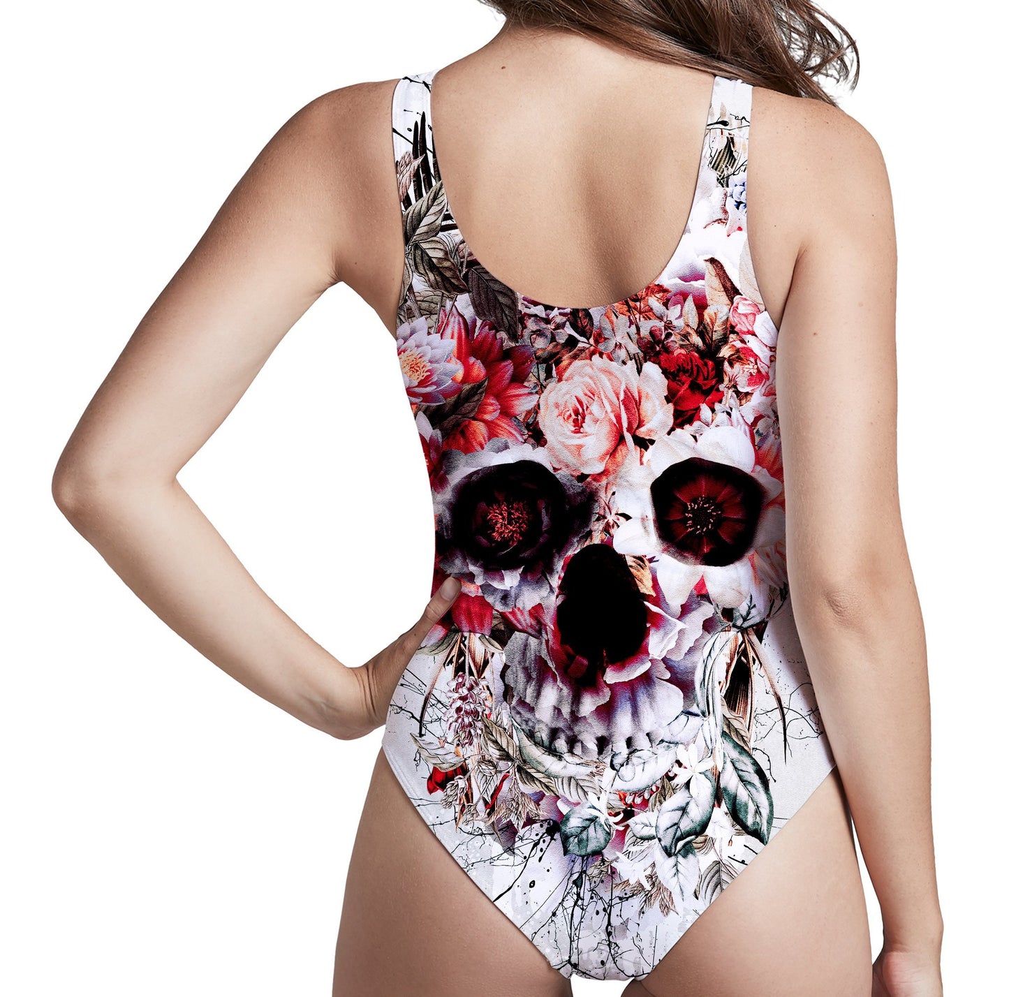 Floral Skull Low Cut One-Piece Swimsuit, Riza Peker, | iEDM