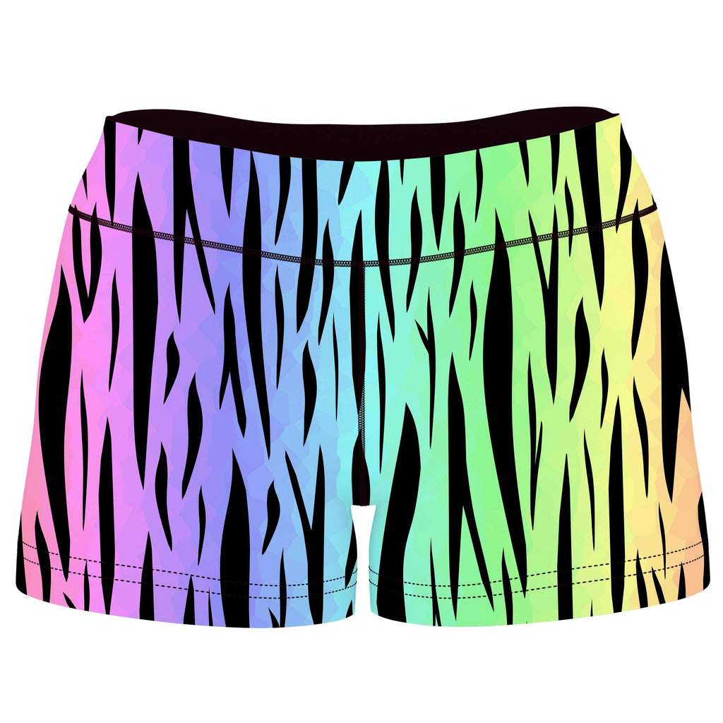 Rainbow Tiger Stripes High-Waisted Women's Shorts, Sartoris Art, | iEDM