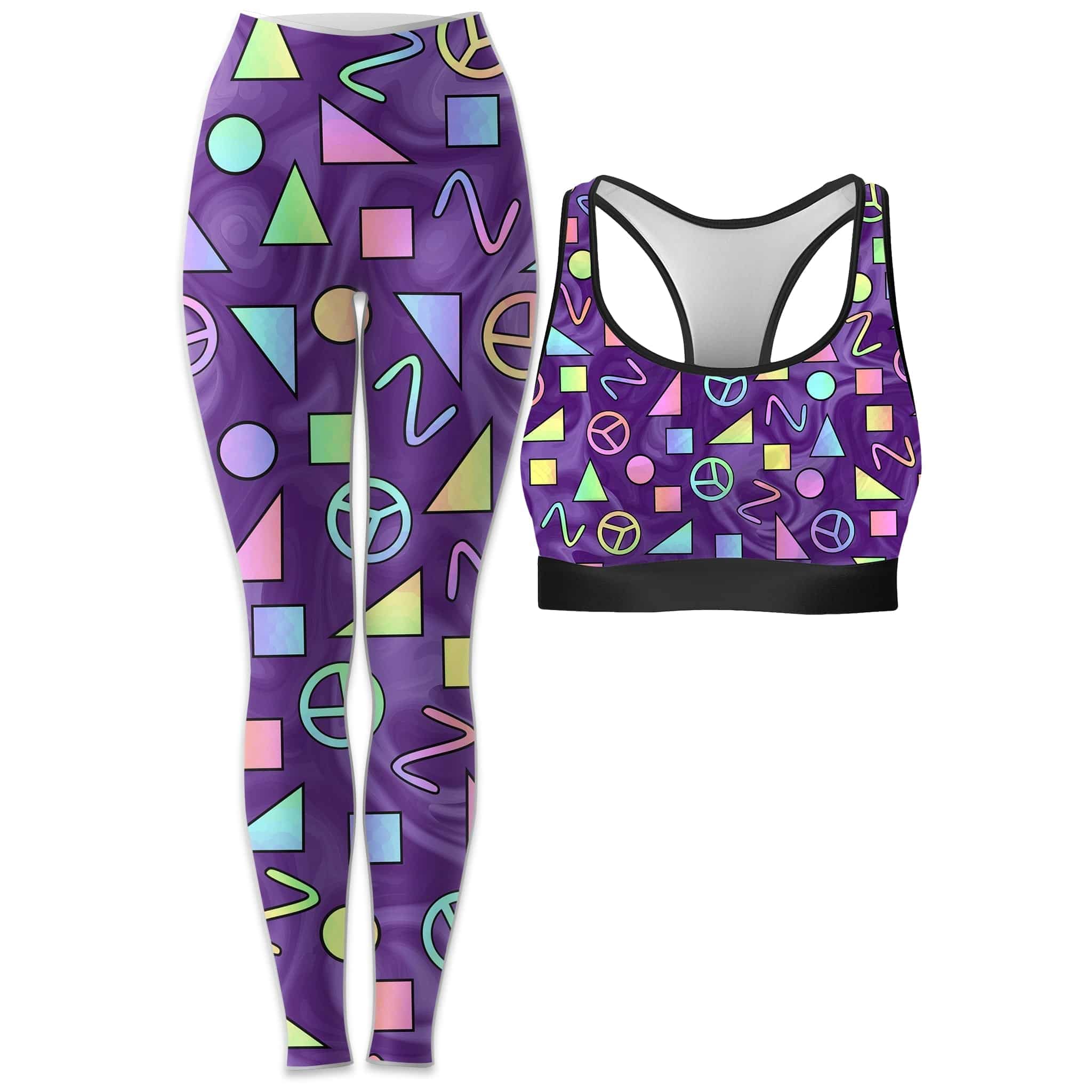Retro Shapes Peace Symbols Purple Rave Bra and Leggings Combo | iEDM