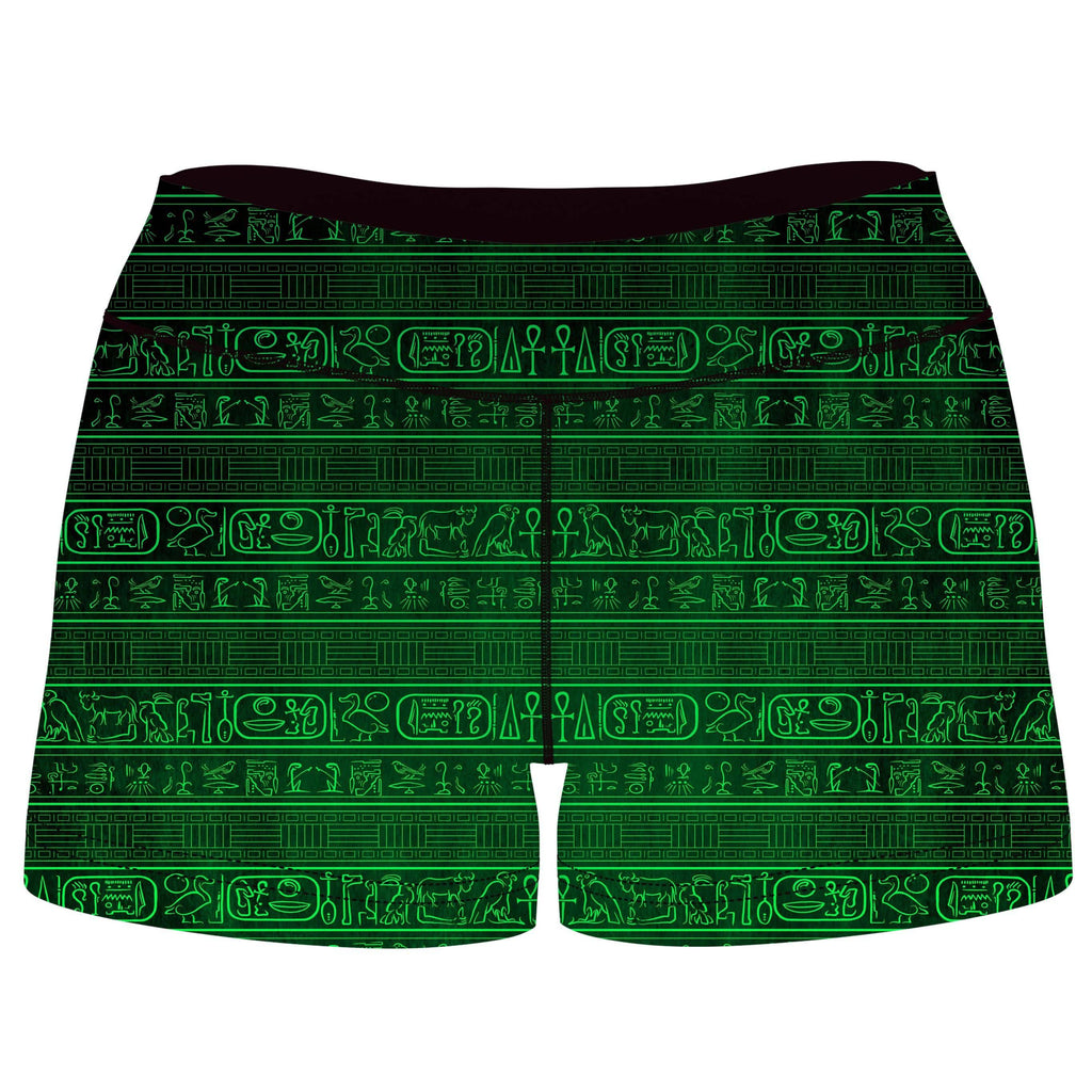 Green Glyphs High-Waisted Women's Shorts, Yantrart Design, | iEDM