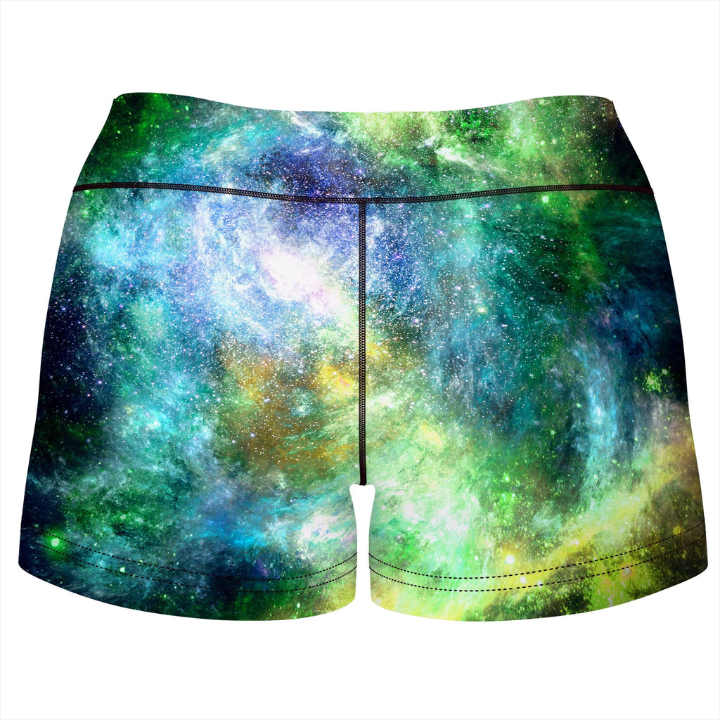 Green Psychedelic Nebula High-Waisted Women's Shorts, Yantrart Design, | iEDM