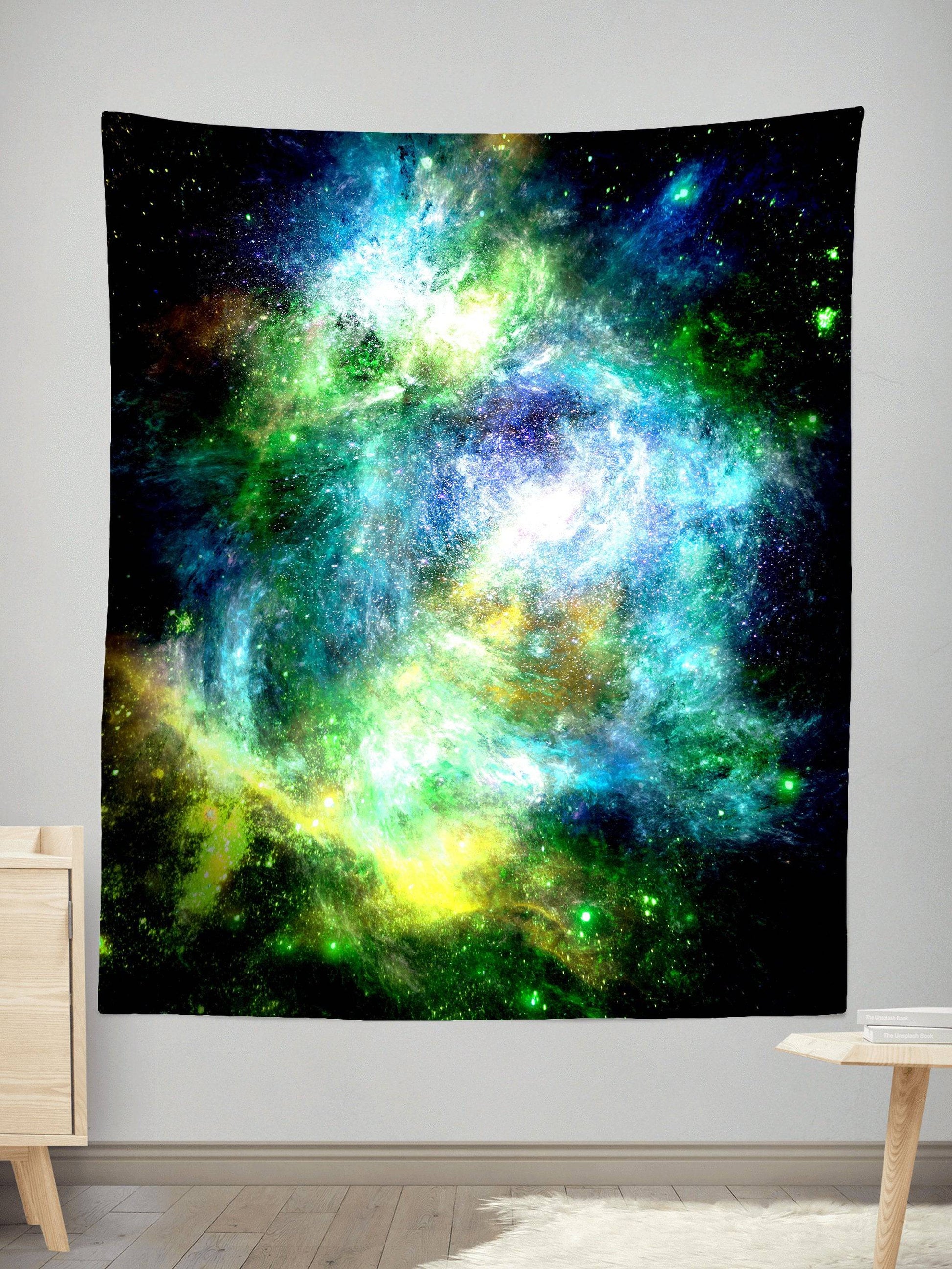 Green Psychedelic Nebula Tapestry, Yantrart Design, | iEDM