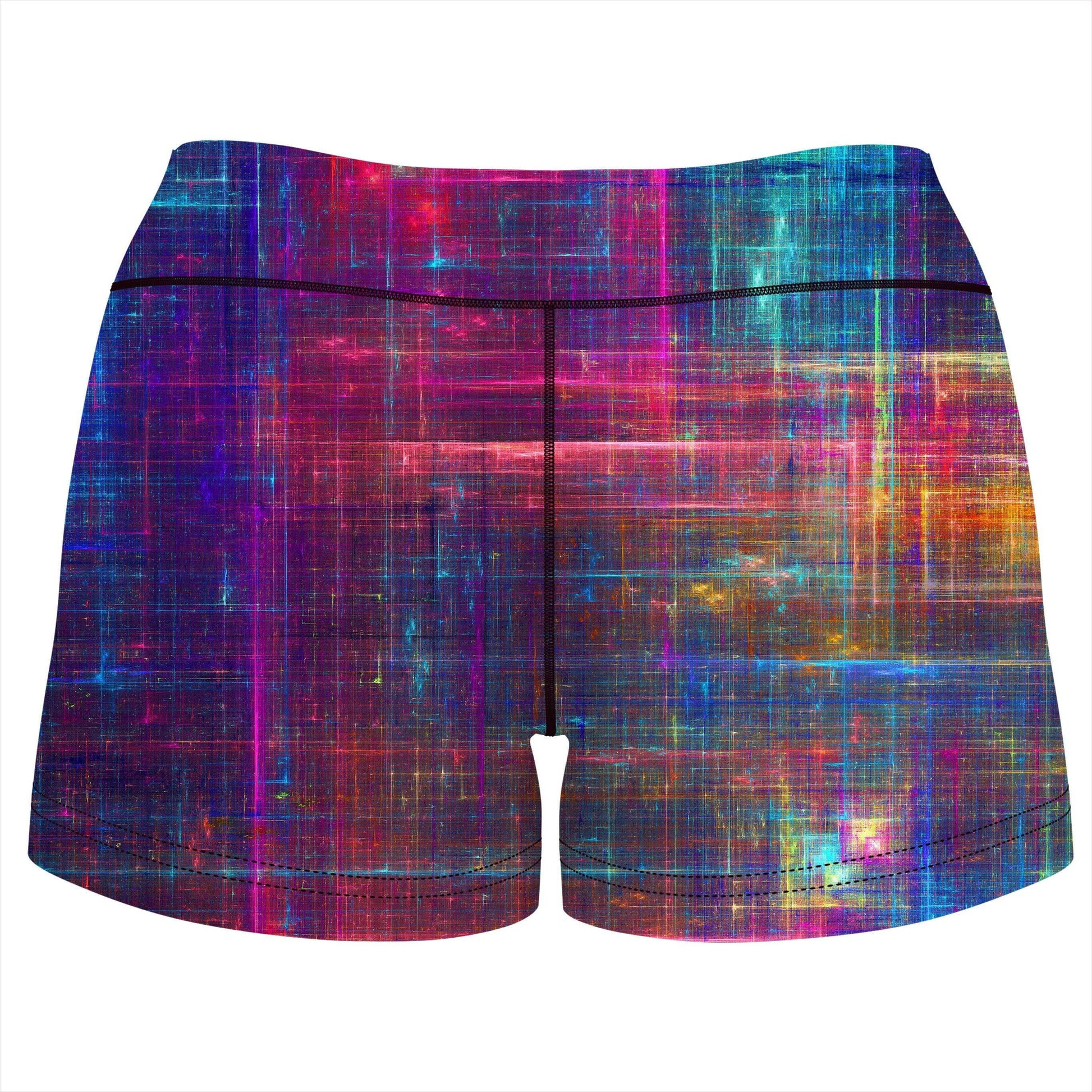 Psychedelic Matrix Rainbow High-Waisted Women's Shorts, Yantrart Design, | iEDM